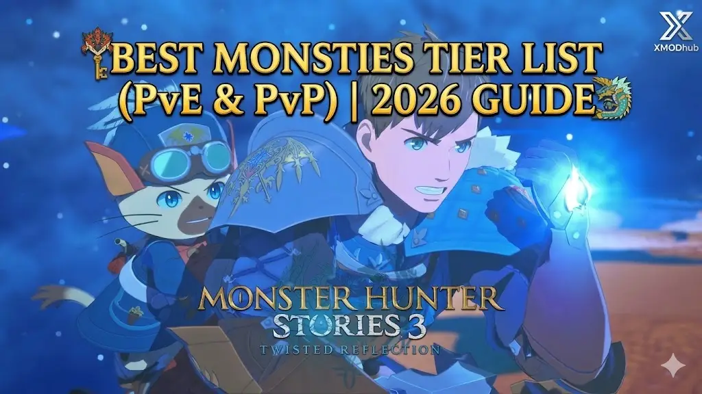 Monster Hunter Stories 3 blog header image featuring a knight and palico, guide title text, and an XMODhub logo.