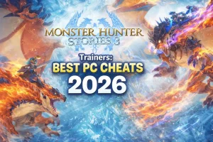 Обложка руководства по трейнерам Monster Hunter Stories 3, изображающая наездников в битве с драконами, с лучшими читами и инструментами для ПК 2026 года.