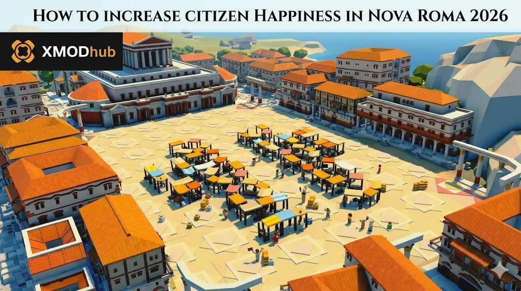 SEO blog header for Nova Roma 2026 featuring a low-poly Roman marketplace, the XMODhub logo, and the title "How to Increase Citizen Happiness."