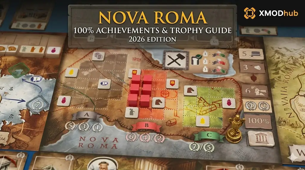 Comprehensive blog header for a Nova Roma 100% Achievements and Trophy Guide, 2026 Edition.