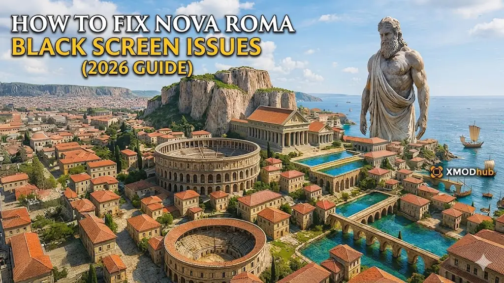 A visual guide banner for fixing Nova Roma black screen issues in 2026, featuring an aerial view of the Roman-style city with a giant god statue and the XMODhub logo.