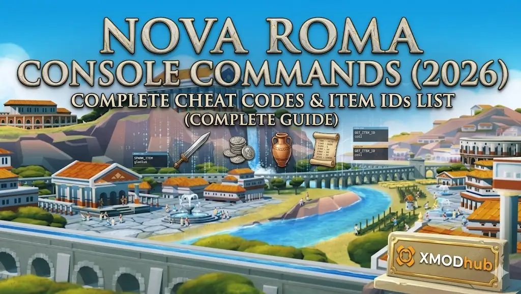 Guide header: Nova Roma 2026 console commands, cheat codes, item list, XMODhub logo.