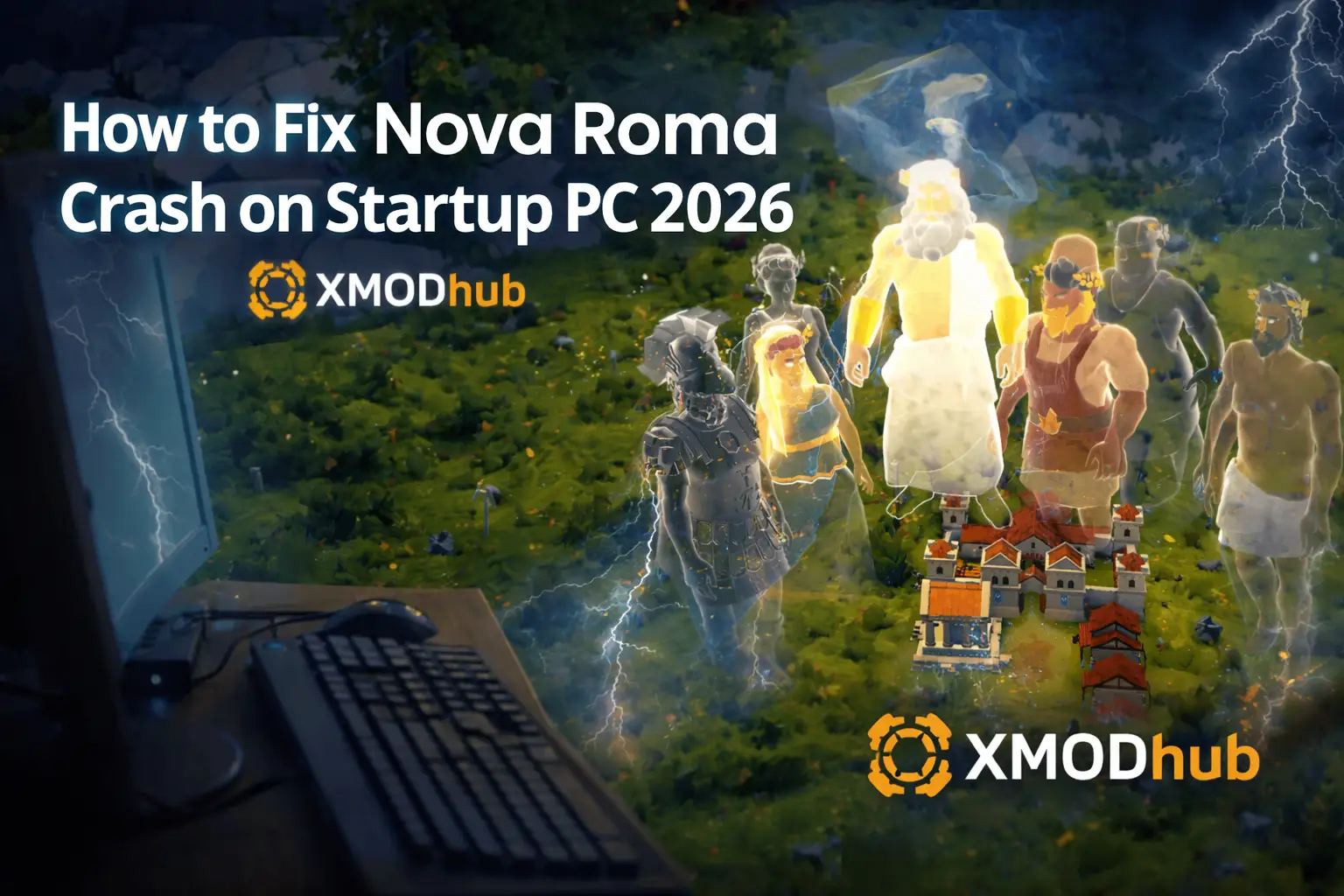 Nova Roma crash fix PC 2026 guide banner with Jupiter gods and XMODhub logo