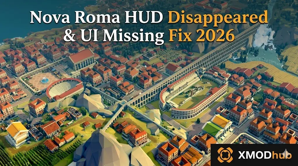 Header image for 'Nova Roma HUD Disappeared & UI Missing Fix 2026' guide, showing an aerial low-poly city and XMODhub logo.