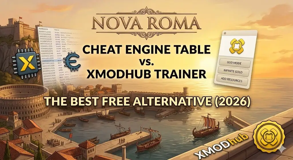 Illustrative blog header comparing Nova Roma free mods: Cheat Engine Table vs. XMODhub Trainer, with full game harbor scene and XMODhub logo.