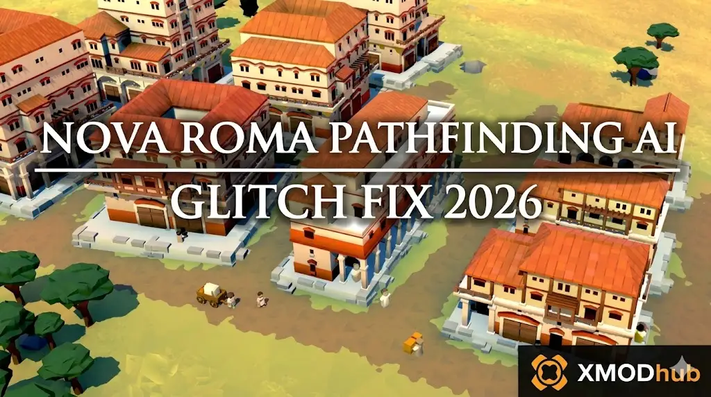Nova Roma pathfinding AI glitch fix 2026 guide cover featuring Roman city buildings and XMODhub logo.
