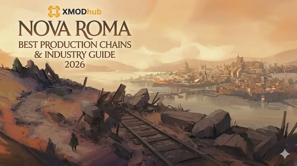 SEO blog header for Nova Roma production chains guide with XMODhub logo and painted city background.