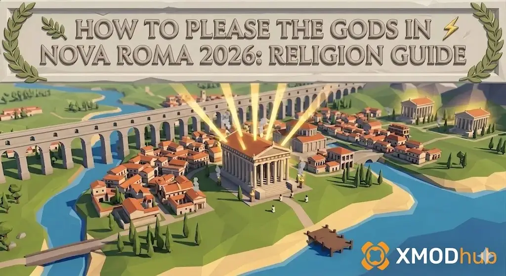 Nova Roma religion guide 2026 blog header with XMODhub logo.