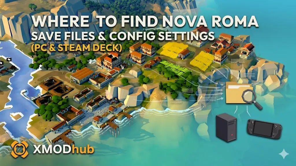 Low-poly Roman city, article title, folder and device icons for finding settings, XMODhub logo.