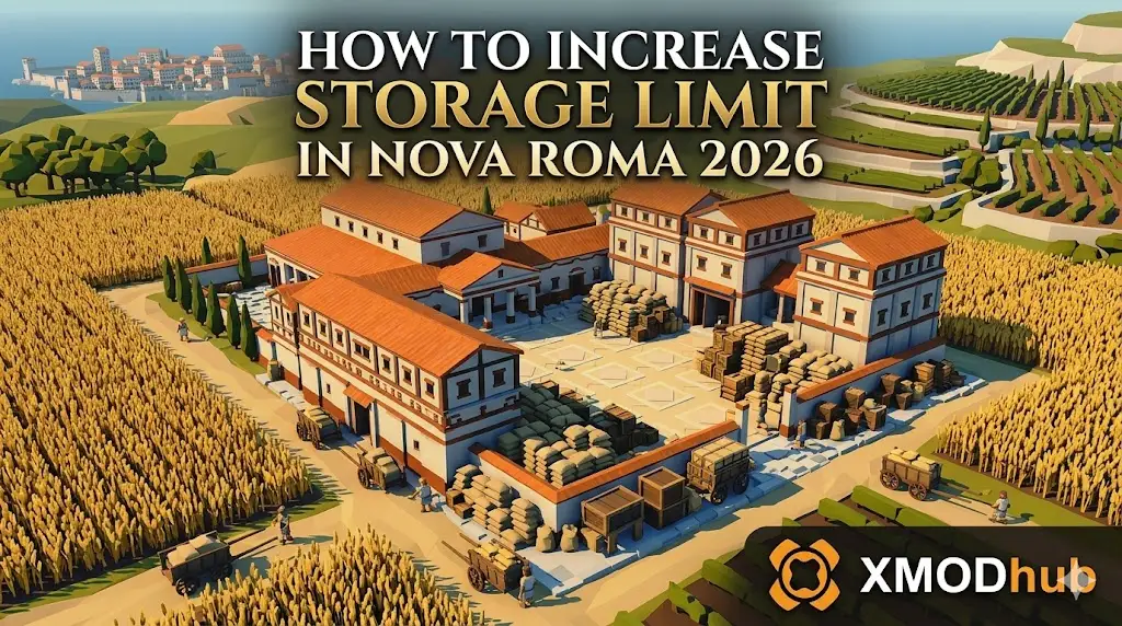 Low-poly screenshot guide for Nova Roma showing a Roman farm filled with grain sacks