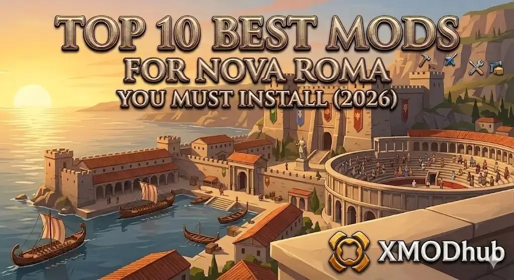 Top 10 Best Mods for Nova Roma illustrative game scene blog header with XMODhub logo.