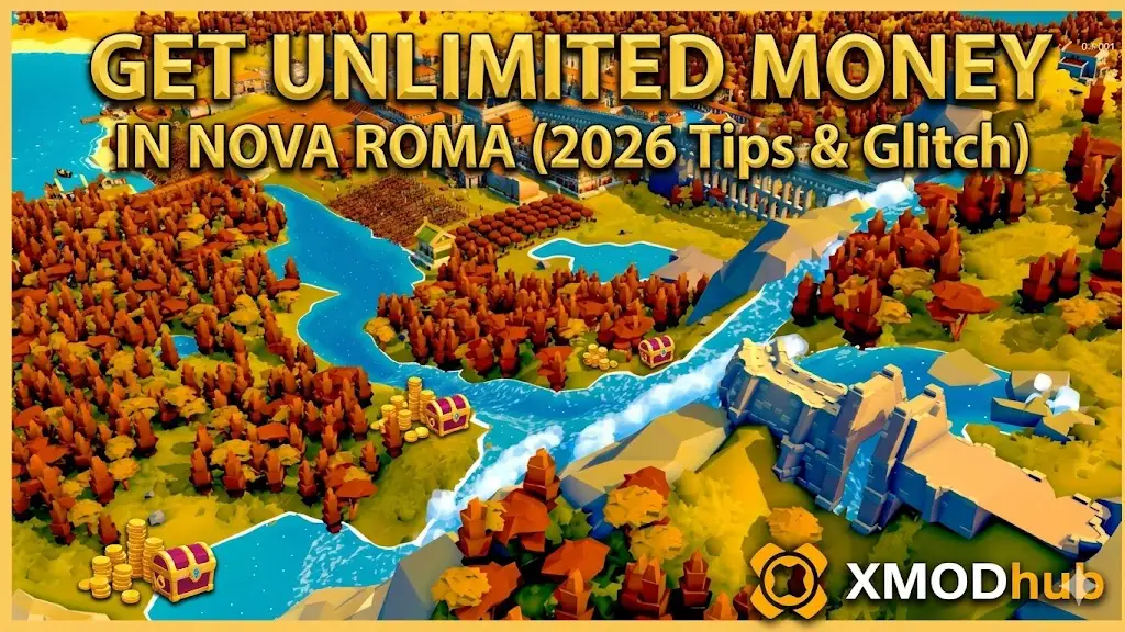 Nova Roma unlimited money tips and glitch 2026 blog header with XMODhub logo.
