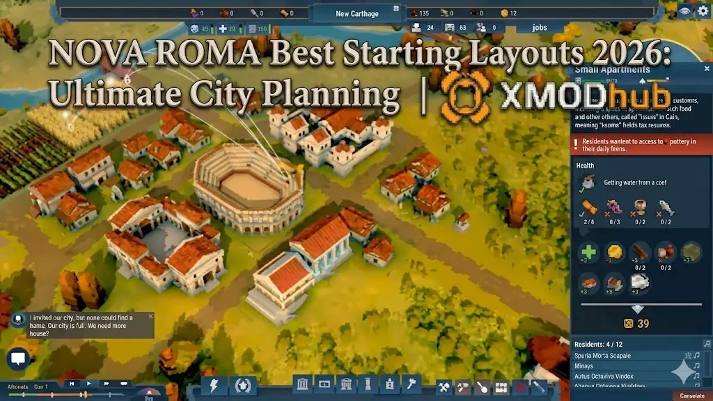 Nova Roma city planning game screenshot with Roman-style buildings.
