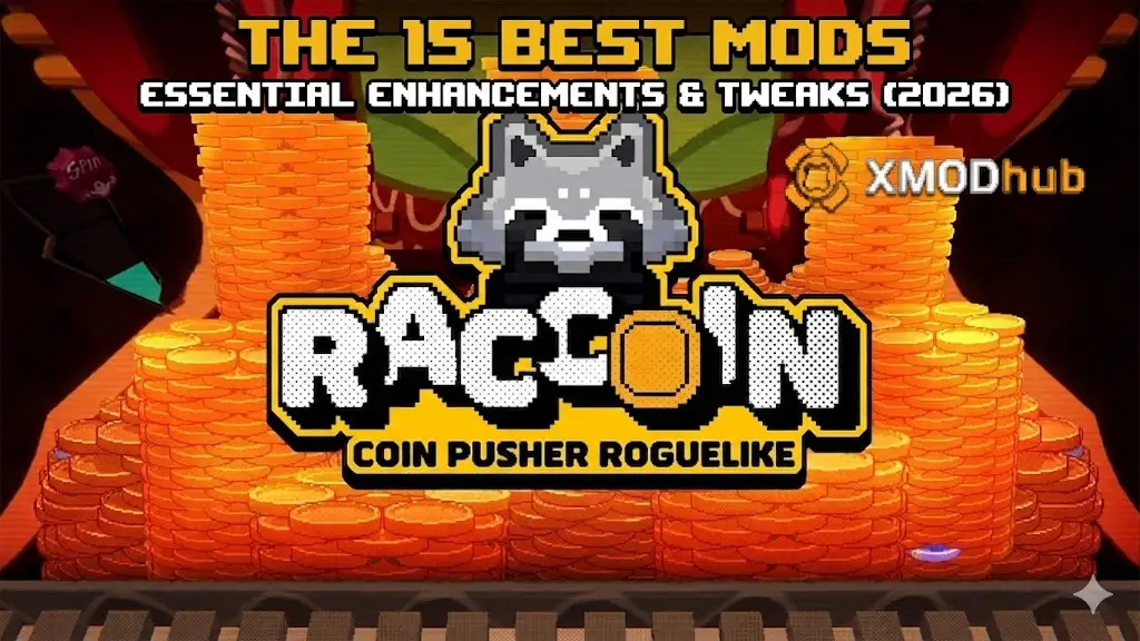 《浣熊推幣機》15 個最佳模組部落格的標題圖片，展示了修改過的像素藝術遊戲畫面、標題、新的「最佳模組」文字以及整合的 XMODhub 標誌。