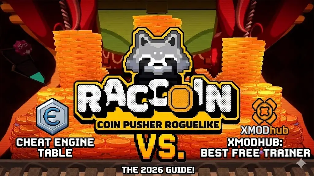 RACCOIN game guide: Cheat Engine VS XMODhub 2026. Pixel raccoon and gold coins.