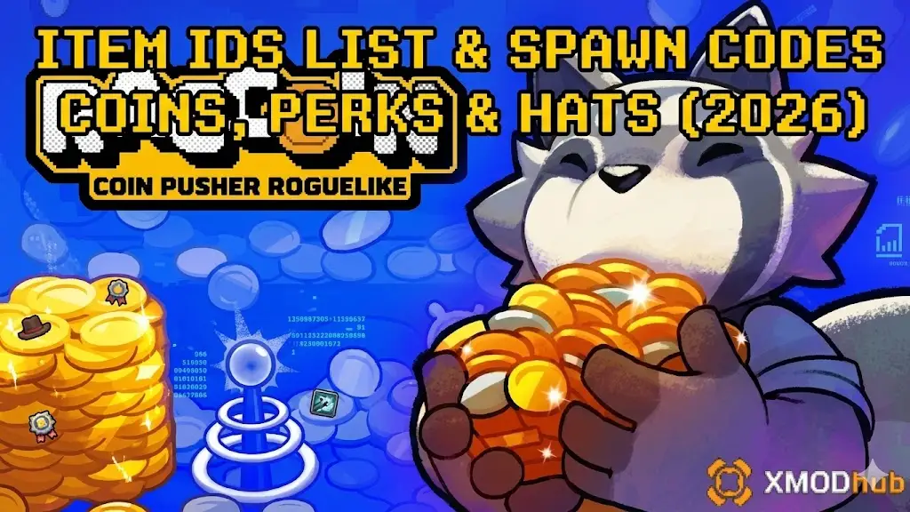 A raccoon character holding gold coins in front of text reading 'ITEM IDS LIST & SPAWN CODES' and 'RACCOIN: COIN PUSHER ROGUELIKE' with the XMODhub logo.