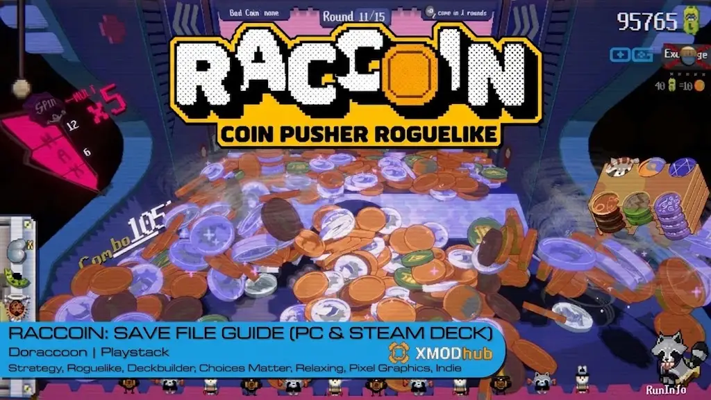 A pixel art screenshot of the game RACCOIN: COIN PUSHER ROGUELIKE, featuring a banner with the title 'RACCOIN: SAVE FILE GUIDE (PC & STEAM DECK)' and the XMODhub logo.