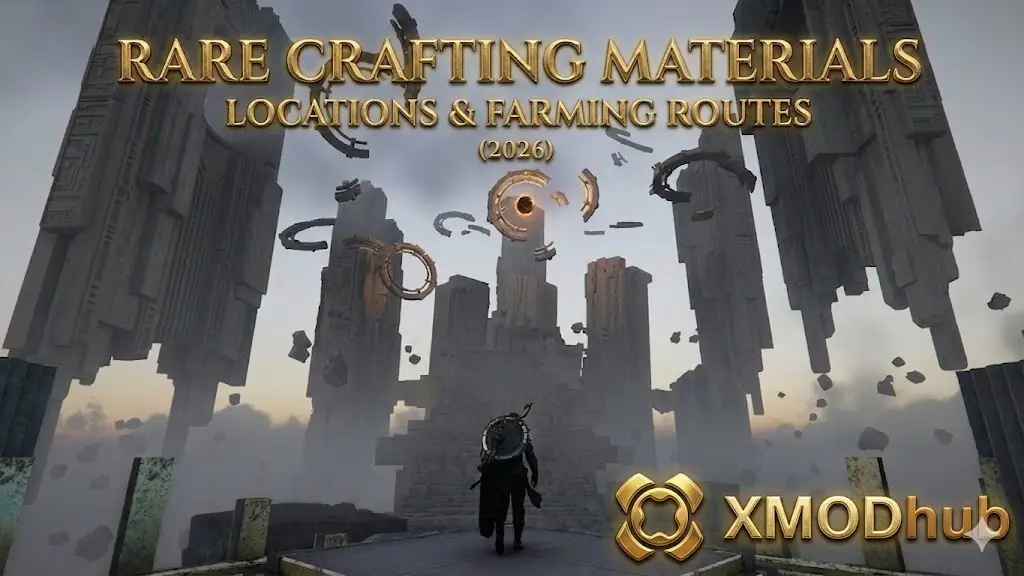 Rare crafting materials locations and farming routes guide for 2026 with XMODhub logo.
