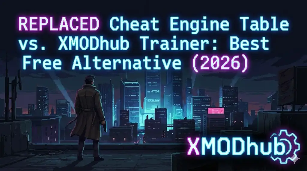 REPLACED Cheat Engine Table vs XMODhub Trainer comparison header (2026) featuring pixel art style and XMODhub logo.