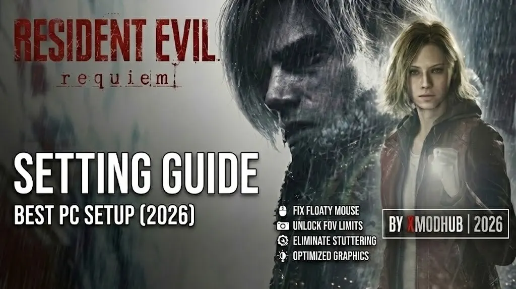 Cover image for the Resident Evil Requiem settings guide, featuring the best PC setup for 2026, including tips to fix floaty mouse, unlock FOV, and eliminate stuttering.