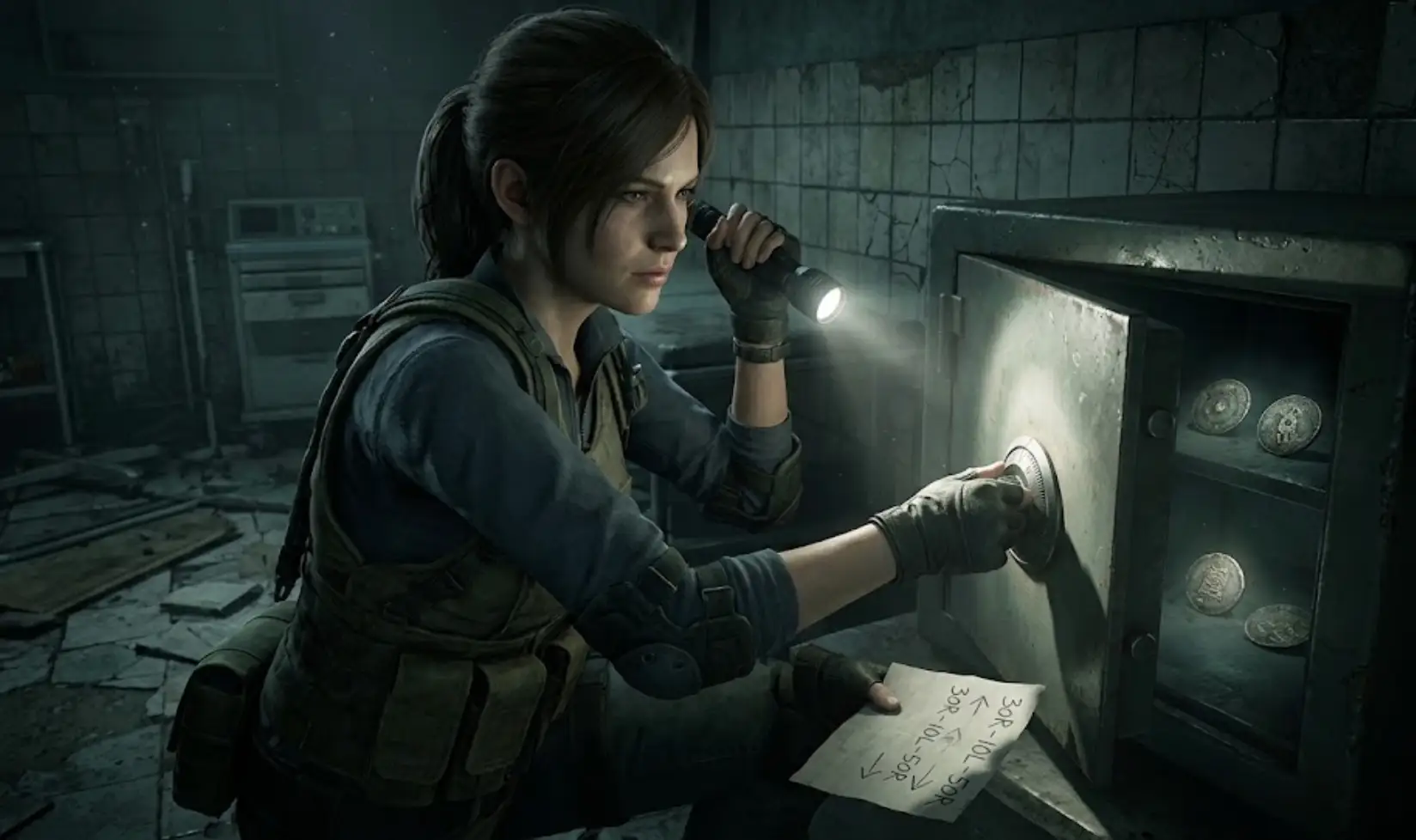 Grace Ashcroft opens the Examination Room safe in Resident Evil Requiem to find Antique Coins, set in the dark Rhodes Hill Care Center.