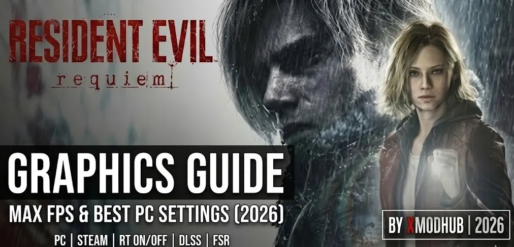 Cover image for the Resident Evil Requiem Graphics Guide, featuring best PC settings and max FPS optimization tips for 2026.