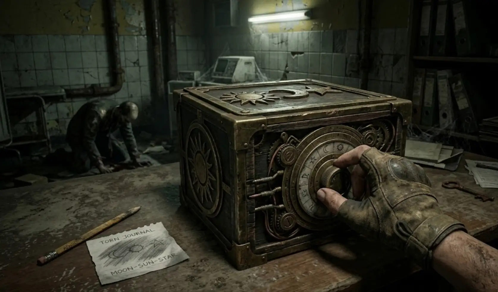 Рука в перчатке Грейс Эшкрофт поворачивает механический диск на шкатулке-головоломке с символами Солнца, Луны и Звезды в тёмном кабинете председателя в центре ухода Родс-Хилл в Resident Evil Requiem.