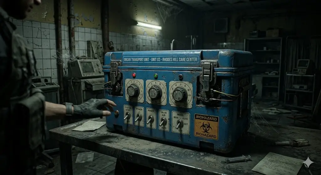 Механическая синяя головоломка с ящиком для транспортировки органов в центре ухода Rhodes Hill из Resident Evil Requiem, с циферблатами и переключателями.