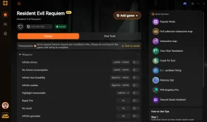 XMODHUB PC trainer interface for Resident Evil Requiem showing mods like infinite ammo, god mode, and infinite resources.