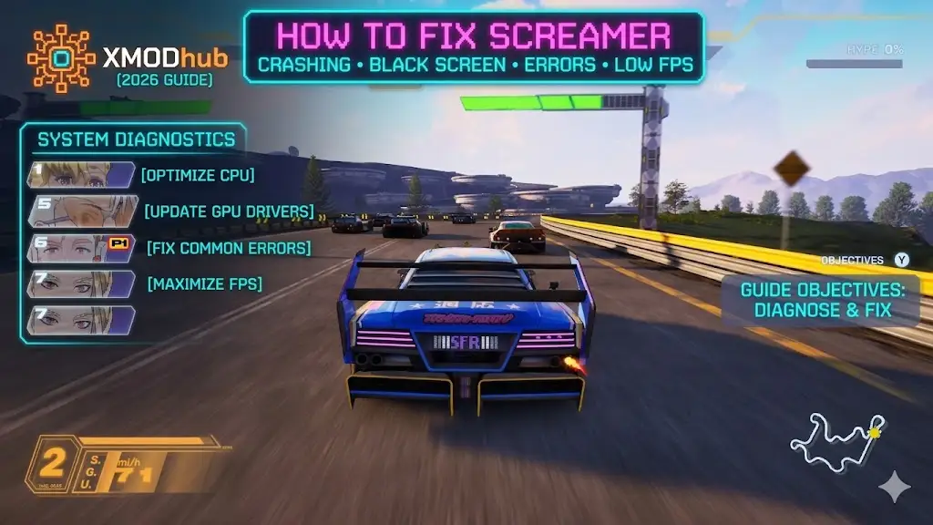 XMODhub 2026 guide to fix Screamer crashing, black screens, and low FPS.