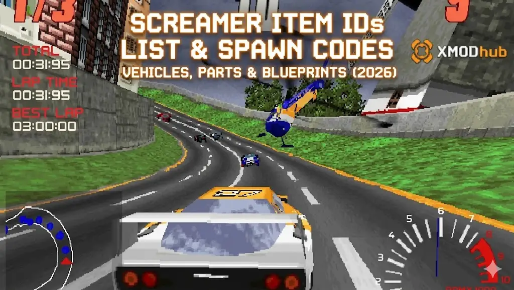 A retro-game styled blog header for Screamer with 'Item IDs List & Spawn Codes' text, featuring cars on a track, HUD elements, and the XMODhub logo.