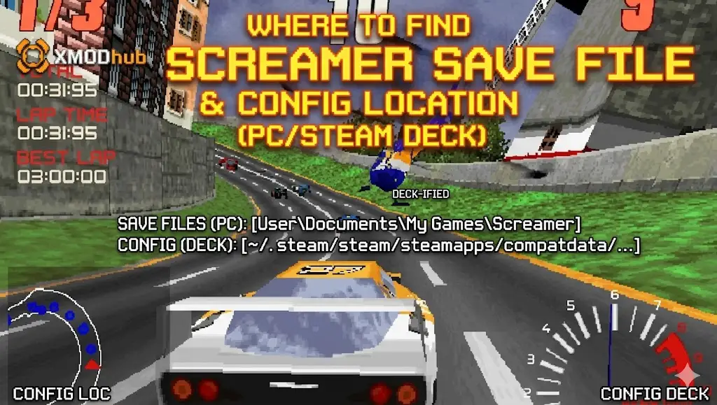The main scene shows a white sports car and "Where to Find Screamer Save File & Config Location (PC/Steam Deck) " title on a winding track with an XMODhub logo.