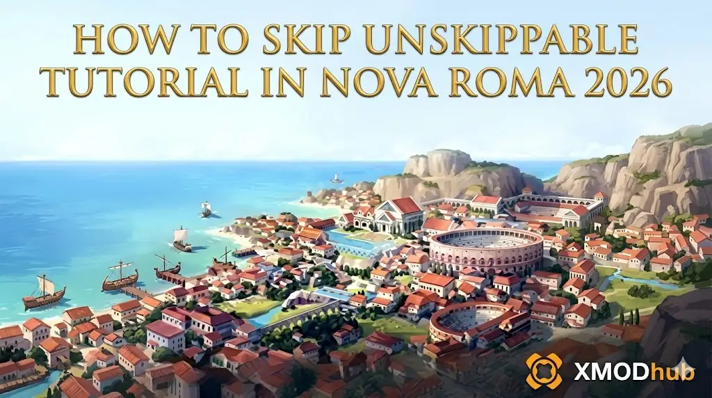 SEO blog header illustration of Nova Roma city panorama with an amphitheater, harbor, ships, and the title 'HOW TO SKIP UNSKIPPABLE TUTORIAL IN NOVA ROMA 2026', featuring the XMODhub logo.