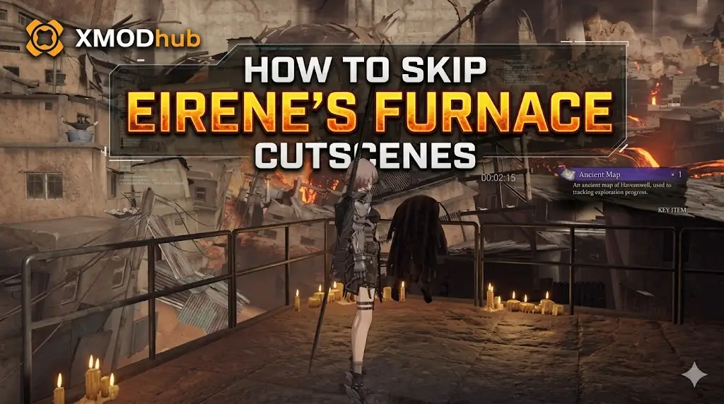 A blog header for the guide 'How to Skip Eirene's Furnace Cutscenes' by XMODhub, showing a cyber-armored character on a platform over a burning city.