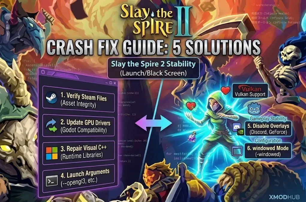 Comprehensive troubleshooting guide for Slay the Spire 2 crashes and black screens, showing solutions like verifying Steam files, updating GPU drivers, and repairing Visual C++ redistributables.