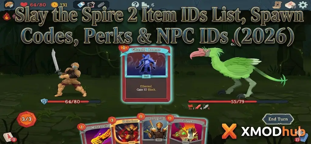 Slay the Spire 2 gameplay header for Item IDs, Spawn Codes, Perks, and NPC IDs list guide