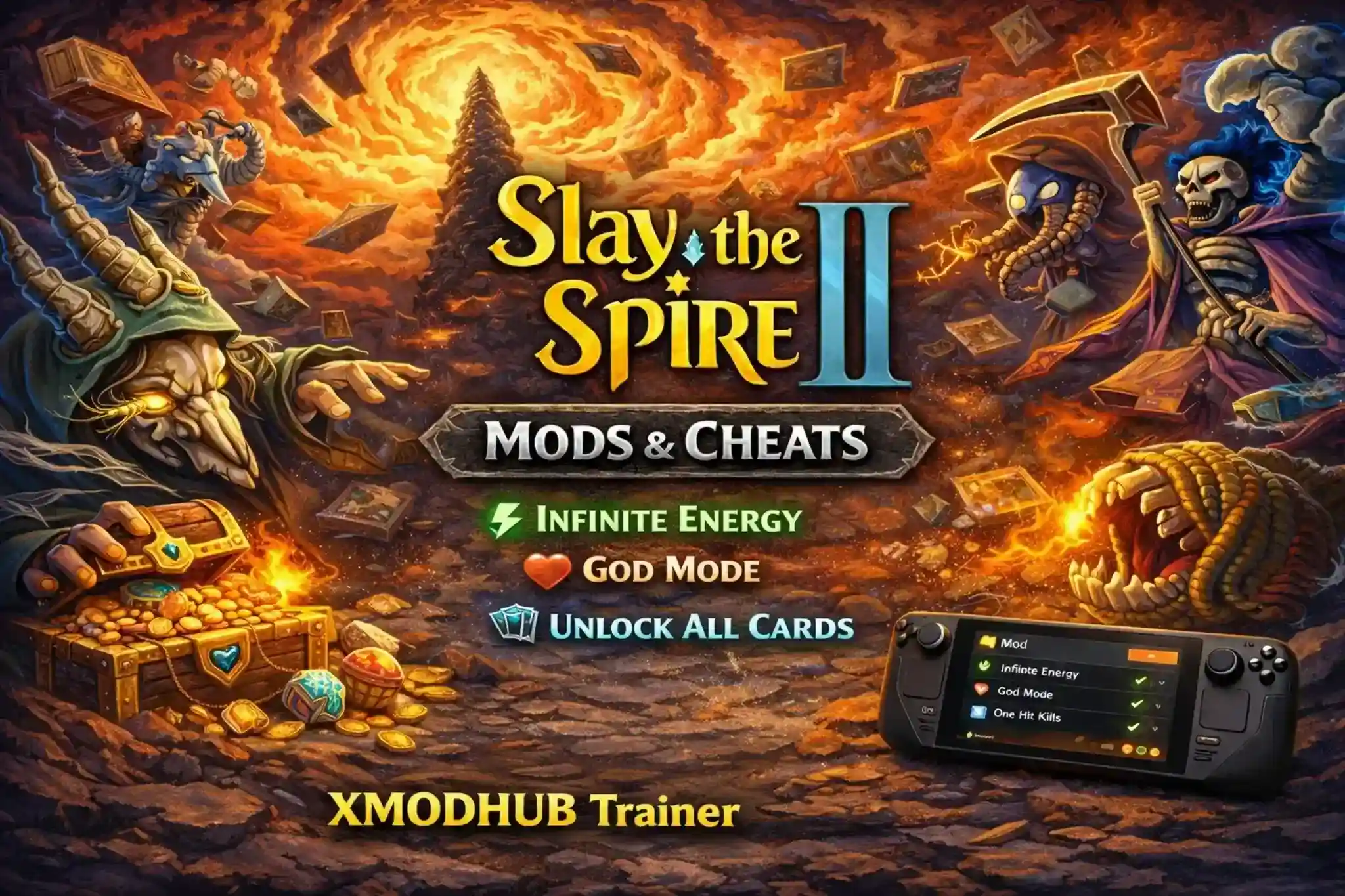 Slay the Spire II mods and cheats featuring infinite energy, god mode, and unlock all cards with XMODHUB trainer in a roguelike fantasy battle scene