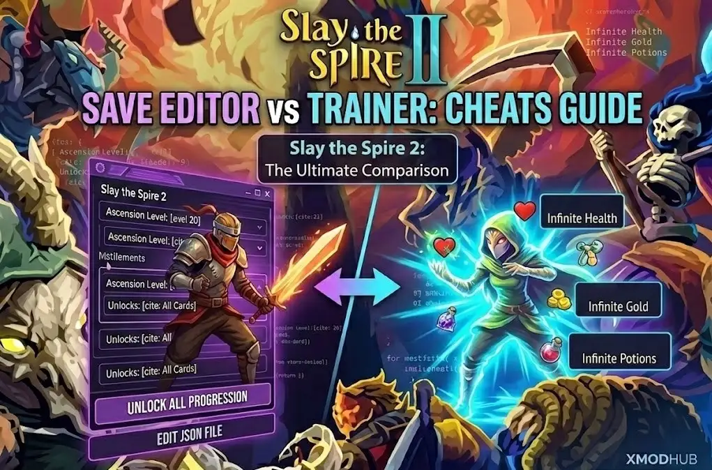 Comparison infographic between Slay the Spire 2 save editor and trainer features, showing JSON file editing for permanent unlocks versus real-time cheats like infinite health and gold.