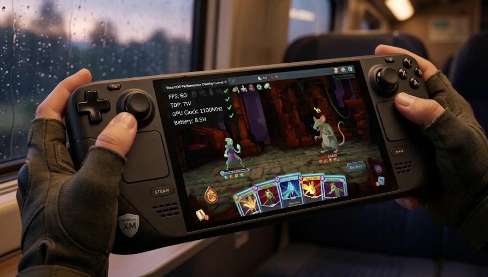 A photograph of a Steam Deck console playing Slay the Spire 2 with optimal performance settings active, showing 60FPS and 7W TDP on the screen overlay.