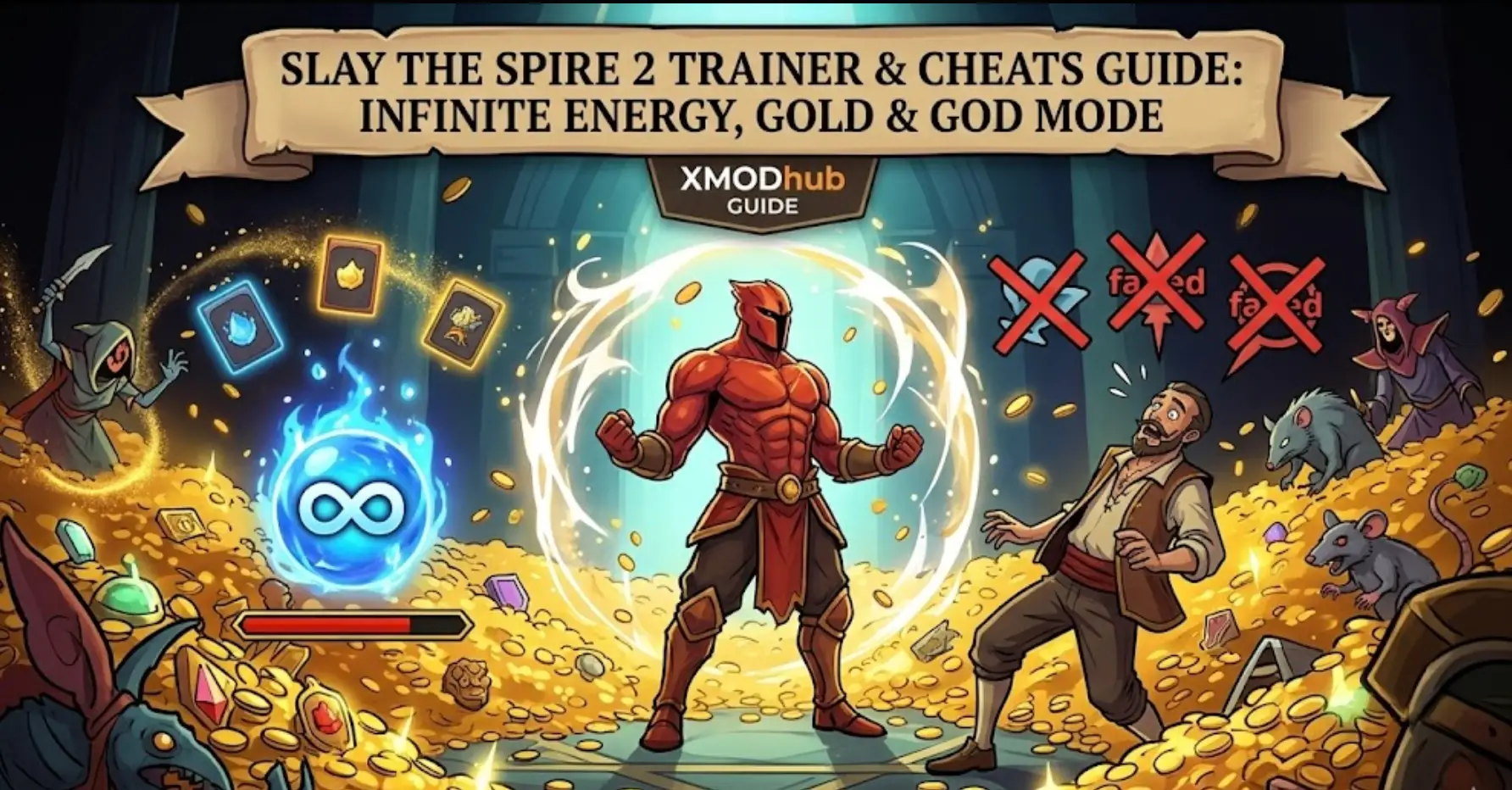 Slay the Spire 2 trainer cheats guide header infinite energy gold god mode XMODhub.