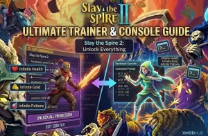 Infografika porównawcza do Slay the Spire 2, przedstawiająca kluczowe funkcje trenera XMOD (nieskończone zdrowie, złoto i mikstury) w zestawieniu z konsolą deweloperską służącą do modyfikacji gry w czasie rzeczywistym.