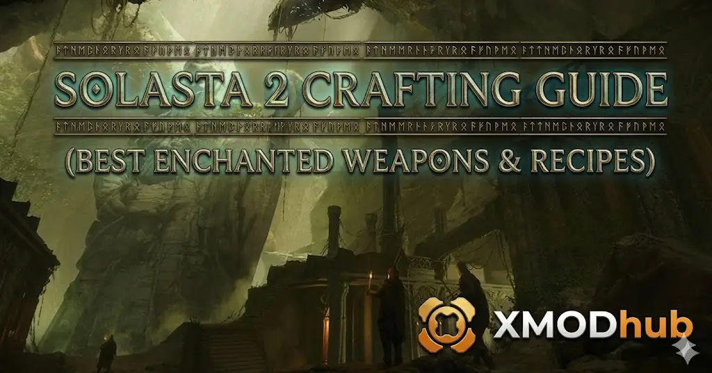 A Solasta 2 crafting guide banner featuring heroes in a dark, ancient dungeon with a massive statue and runic text.