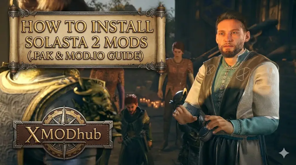 A blog header image for XMODhub based on Solasta 2, with text on a decorative panel reading 'BEST PC SETTINGS FOR MAX FPS IN SOLASTA 2 (FIX STUTTER)'.