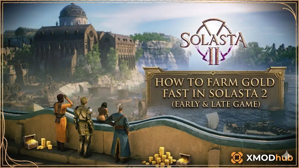 Заголовок руководства по фарму золота в Solasta 2, показывающий портовый город, группу искателей приключений, кучи золота и логотип XMODhub.