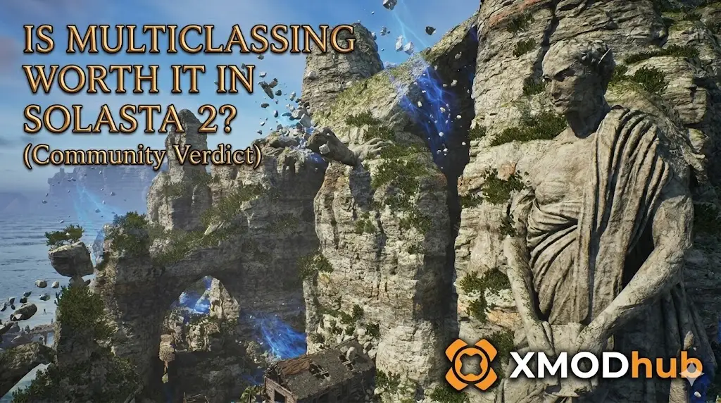 Гайд по мультиклассированию в Solasta 2 от XMODhub с изображением фэнтезийной статуи и логотипом.