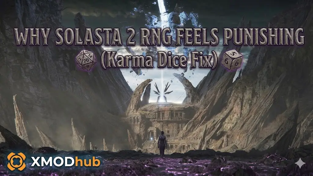 Solasta 2 RNG and Karma Dice guide header with fantasy landscape, d20 dice, and XMODhub logo.