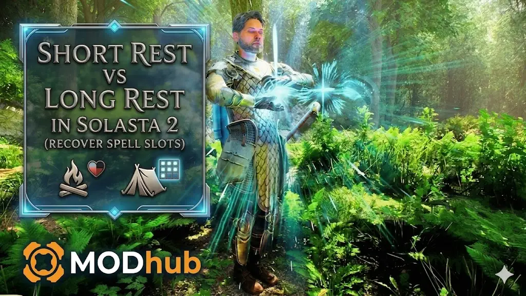 Solasta 2 gameplay comparison of Short Rest and Long Rest, showing a Paladin casting light magic and UI elements with rest icons.