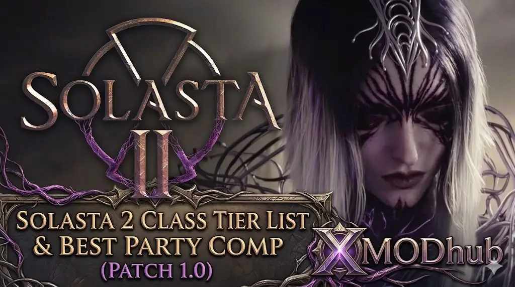 Баннер руководства по тир-листу классов и лучшей композиции группы Solasta II от XMODhub для Патча 1.0.