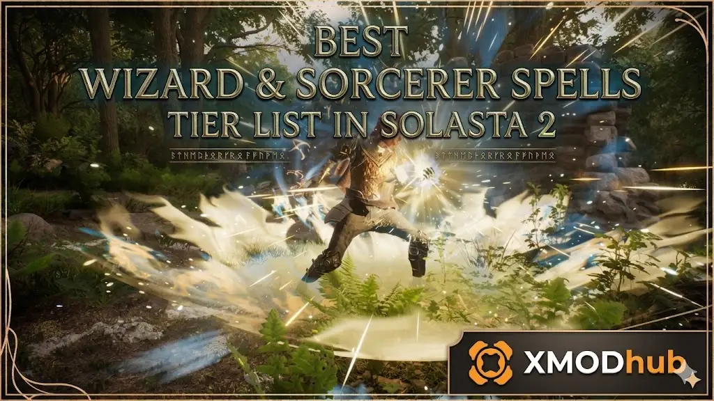 Тир-лист лучших заклинаний Волшебника и Чародея в Solasta 2 с магическими эффектами и логотипом XMODhub.