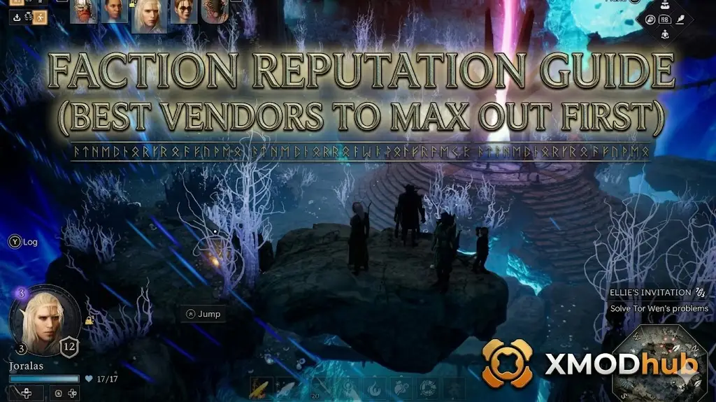 Баннер руководства по репутации фракций в Solasta, показывающий портреты персонажей и группу в пещере с фиолетовой подсветкой.